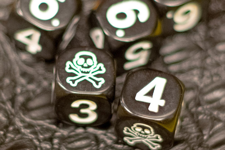 Black Pirate D6 Dice Numbered with Skull and Cross Bones (sold per die)