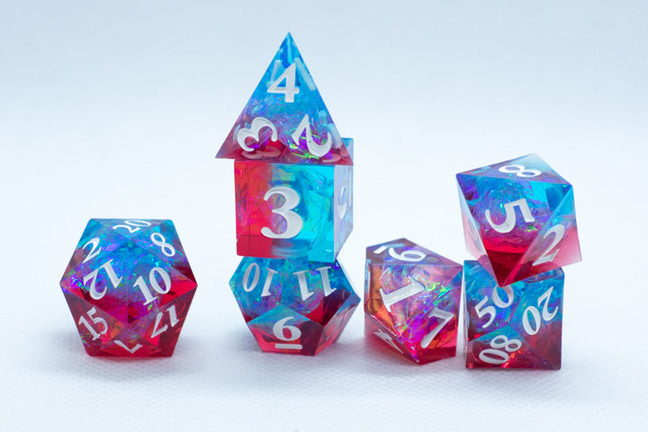 Infected Sharp Edge Resin 7-Dice Dice (Blue Red w/ White Numbers)