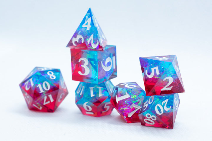 Infected Sharp Edge Resin 7-Dice Dice (Blue Red w/ White Numbers)