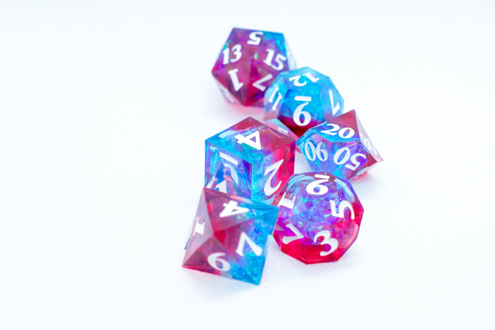 Infected Sharp Edge Resin 7-Dice Dice (Blue Red w/ White Numbers)