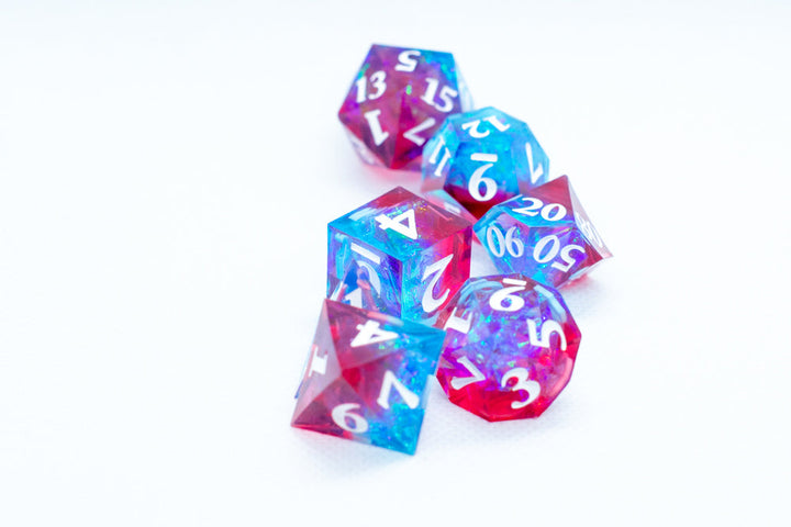 Infected Sharp Edge Resin 7-Dice Dice (Blue Red w/ White Numbers)