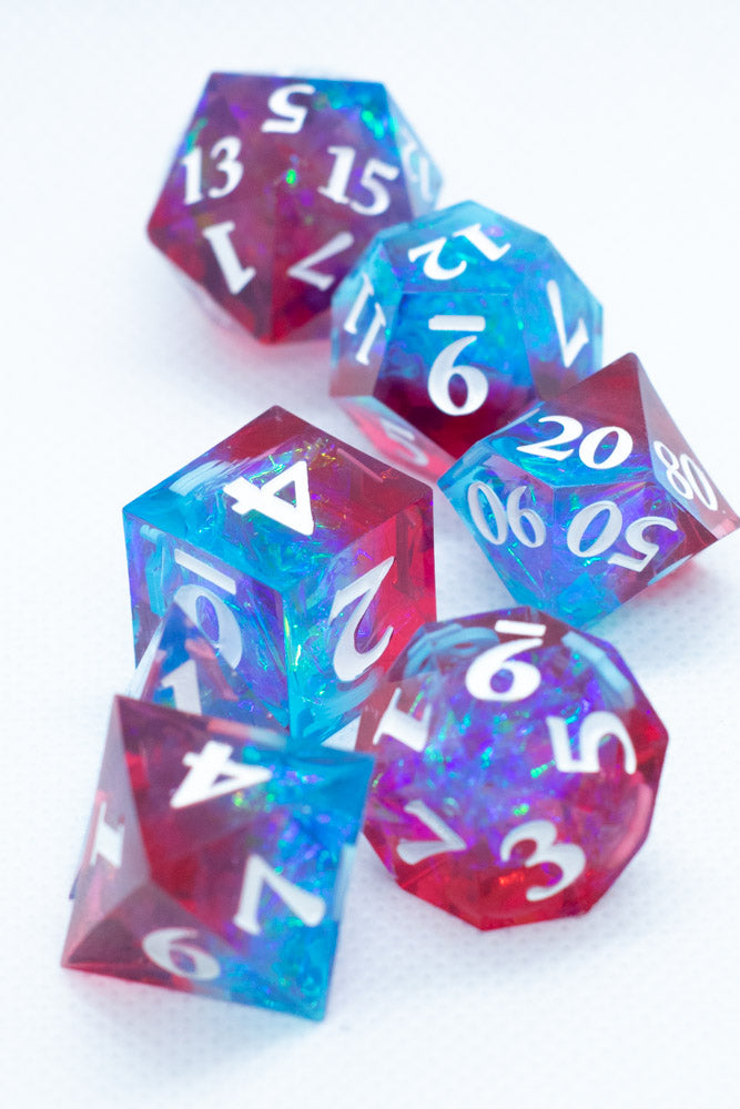Infected Sharp Edge Resin 7-Dice Dice (Blue Red w/ White Numbers)