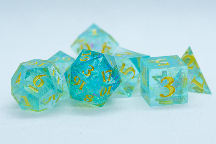 Sea-Foam Sharp Edge Resin 7-Dice Dice (Soft Blue w/ Gold Numbers)