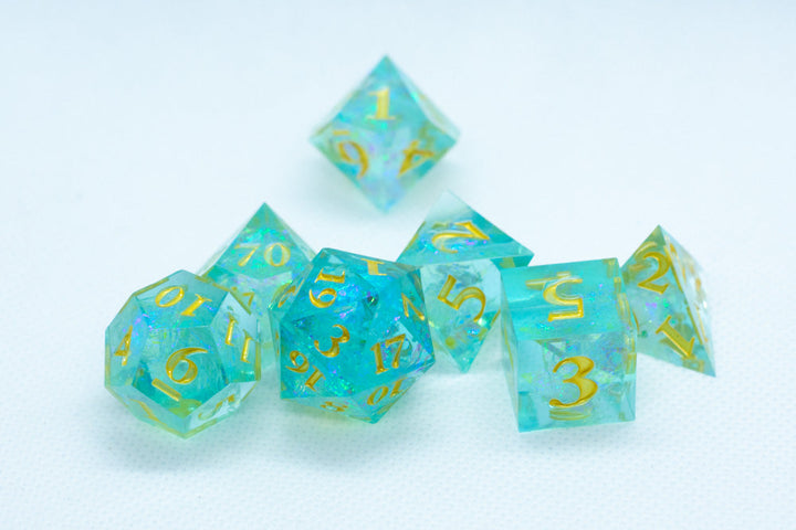 Sea-Foam Sharp Edge Resin 7-Dice Dice (Soft Blue w/ Gold Numbers)