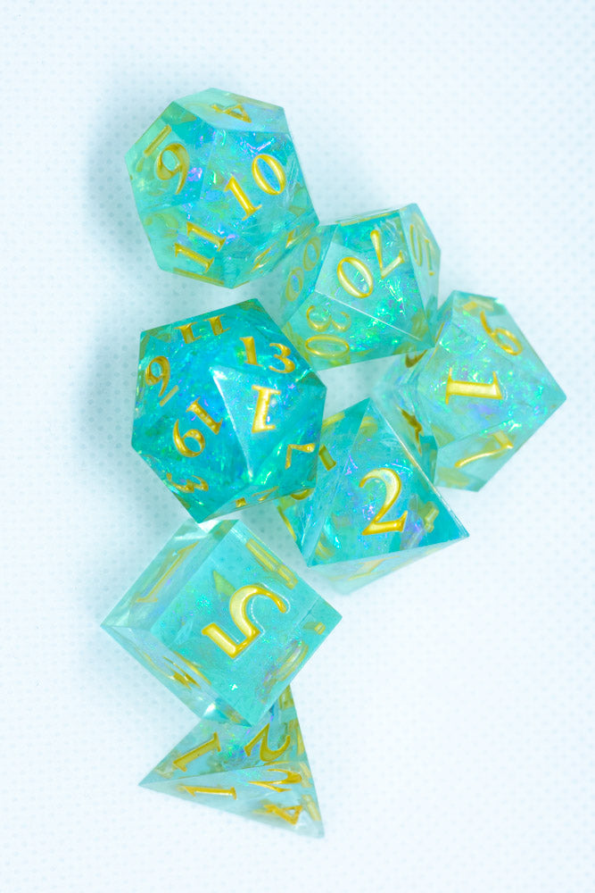 Sea-Foam Sharp Edge Resin 7-Dice Dice (Soft Blue w/ Gold Numbers)