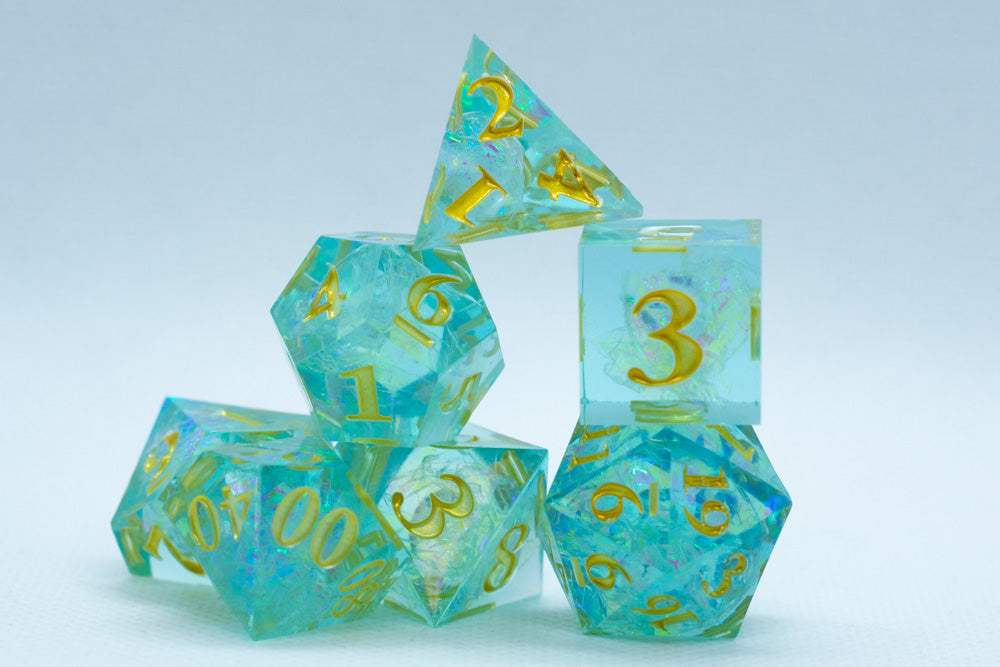 Sea-Foam Sharp Edge Resin 7-Dice Dice (Soft Blue w/ Gold Numbers)