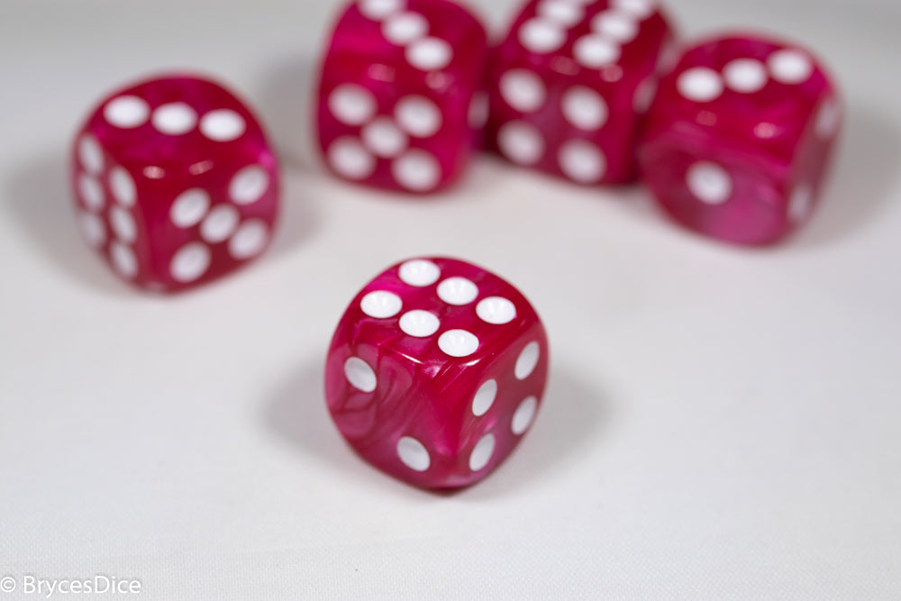Pearl/Swirl Pipped d6 Dice Orange/Pink/Maroon/Electric Yellow/Brown/Blue/Green/Cranberry 16mm (SOLD BY PIECE)