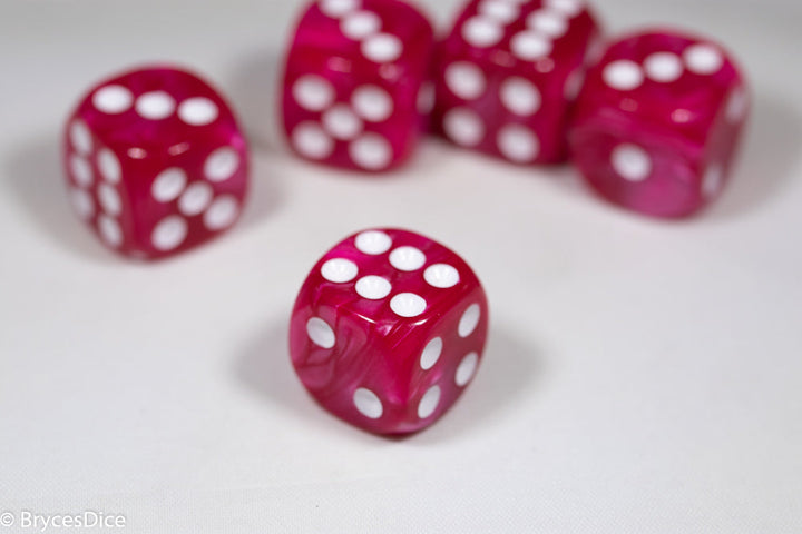 Pearl/Swirl Pipped d6 Dice Orange/Pink/Maroon/Electric Yellow/Brown/Blue/Green/Cranberry 16mm (SOLD BY PIECE)
