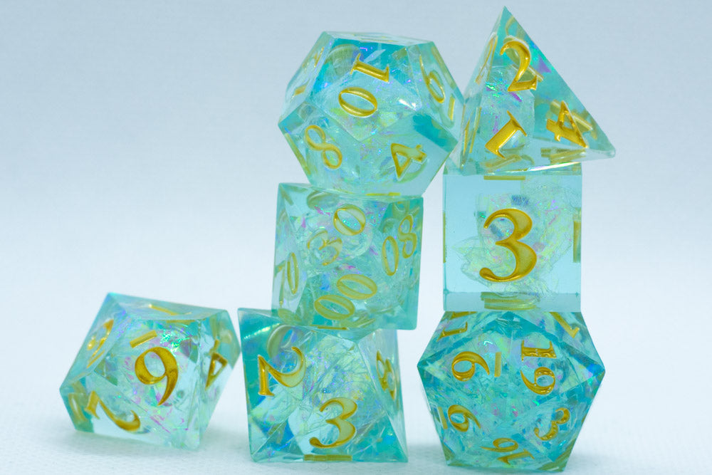 Sea-Foam Sharp Edge Resin 7-Dice Dice (Soft Blue w/ Gold Numbers)