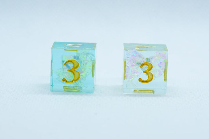 Sea-Foam Sharp Edge Resin 7-Dice Dice (Soft Blue w/ Gold Numbers)
