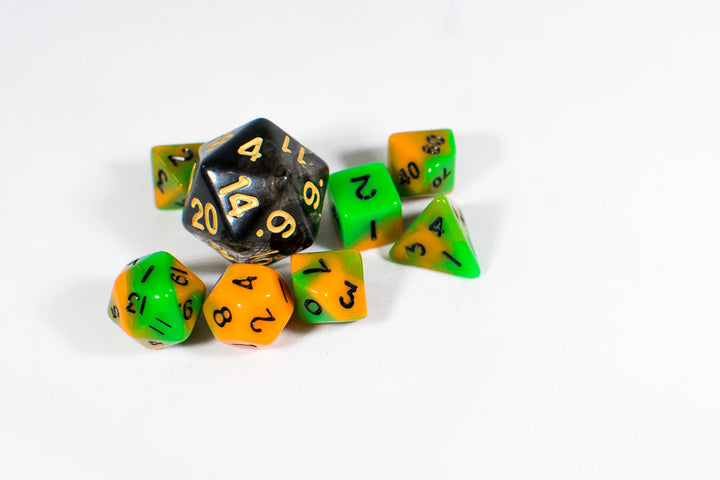 Vibrant Orange & Green Miniature Poly Dice Set Small (7) RPG DnD Mini