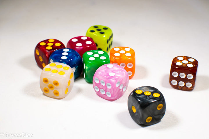Pearl/Swirl Pipped d6 Dice Orange/Pink/Maroon/Electric Yellow/Brown/Blue/Green/Cranberry 16mm (SOLD BY PIECE)