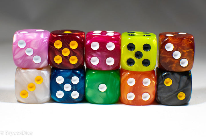 Pearl/Swirl Pipped d6 Dice Orange/Pink/Maroon/Electric Yellow/Brown/Blue/Green/Cranberry 16mm (SOLD BY PIECE)