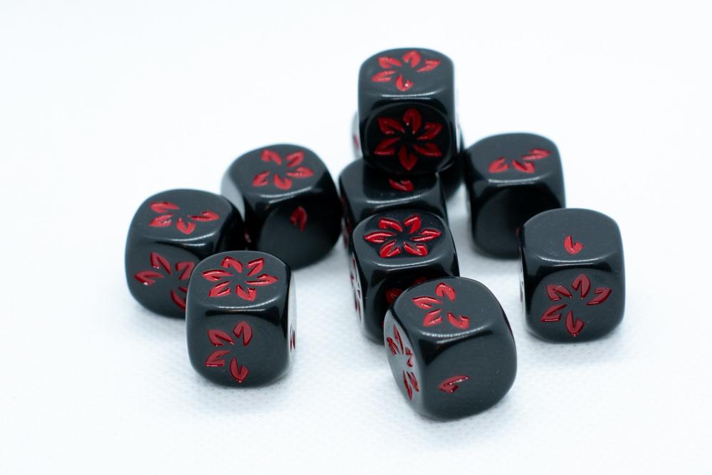 10-Pack Black w/Red Falling Petals Dice 16mm D6 Flower Dice