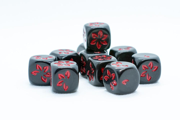10-Pack Black w/Red Falling Petals Dice 16mm D6 Flower Dice