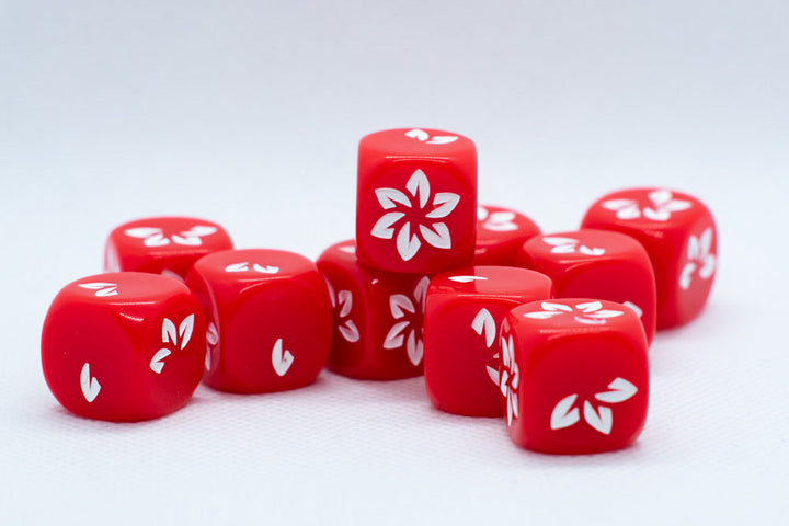 Red w/White Falling Petals Dice 16mm D6 Flower Dice (sold per die)