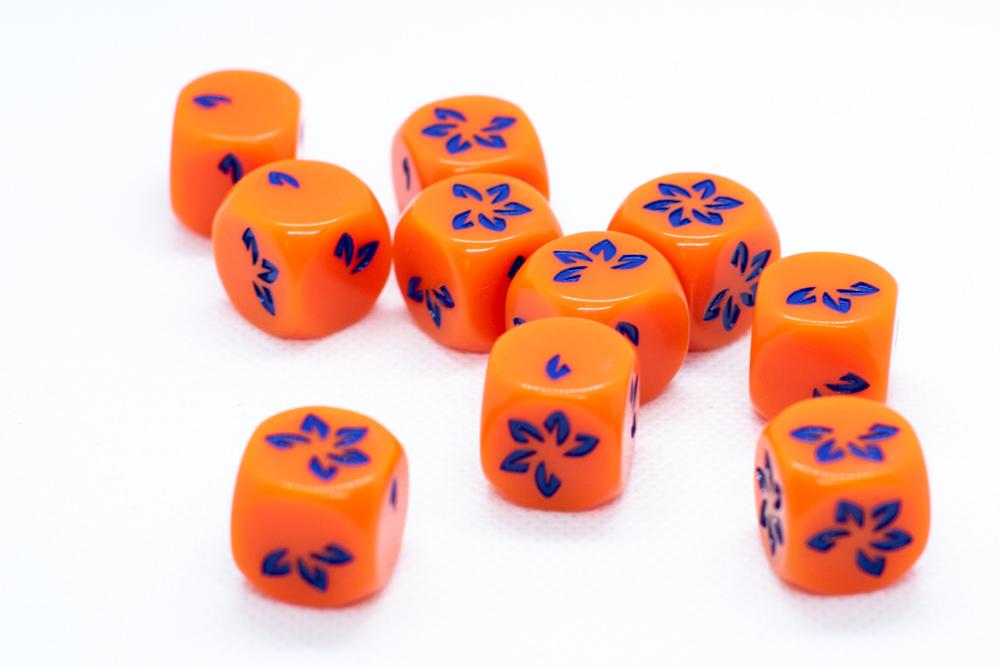 10-Pack Orange w/Blue Falling Petals Dice 16mm D6 Flower Dice