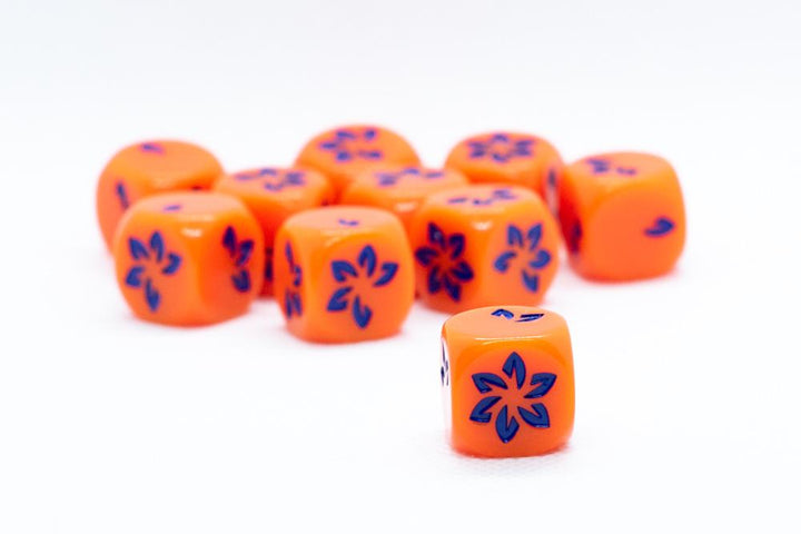 10-Pack Orange w/Blue Falling Petals Dice 16mm D6 Flower Dice