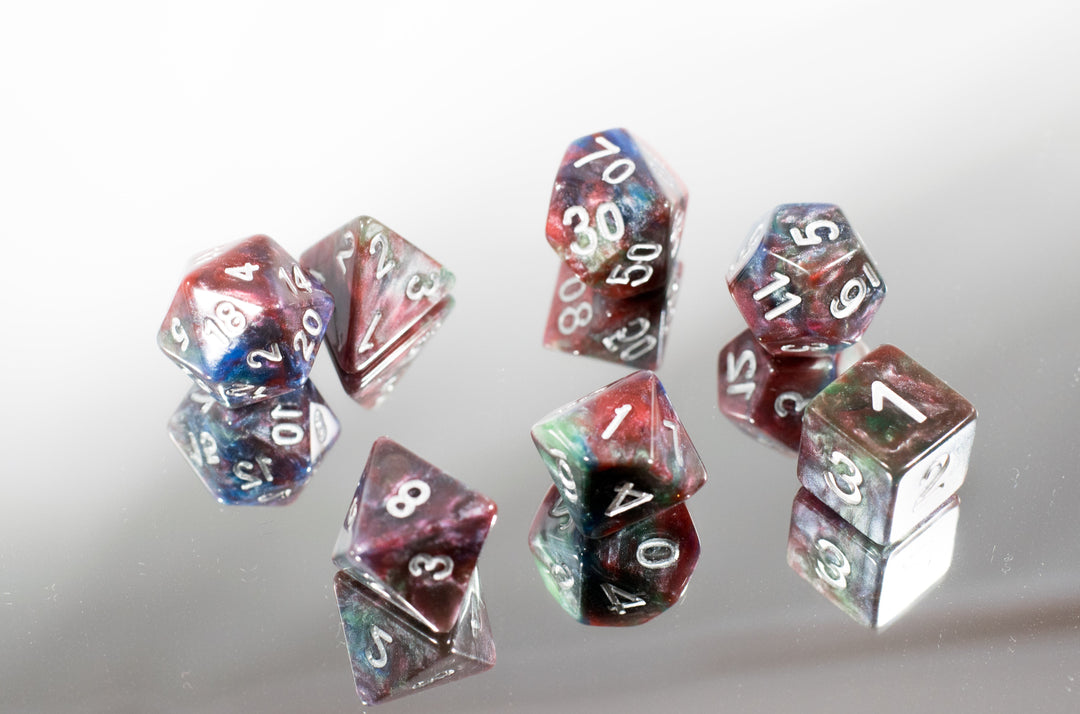 Red/Green/Blue Marbleized Poly Dice Set (7) Green Acrylic Silver Numbers HDdice