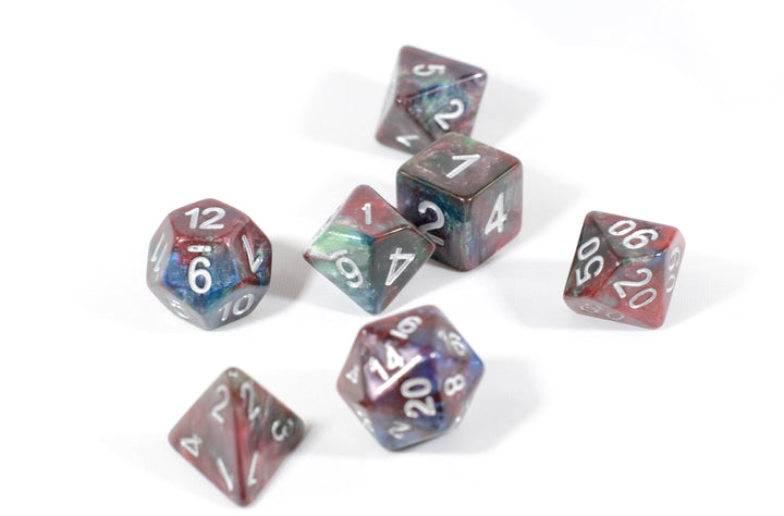 Red/Green/Blue Marbleized Poly Dice Set (7) Green Acrylic Silver Numbers HDdice