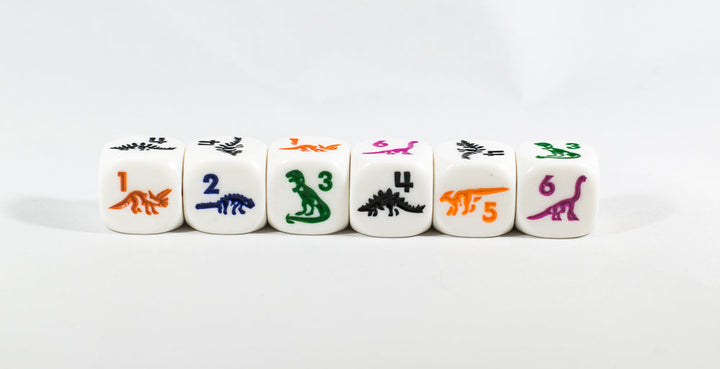 White Dice with Dinosaurs 6 Sided Bunco RPG D6 16mm Roll Kids School