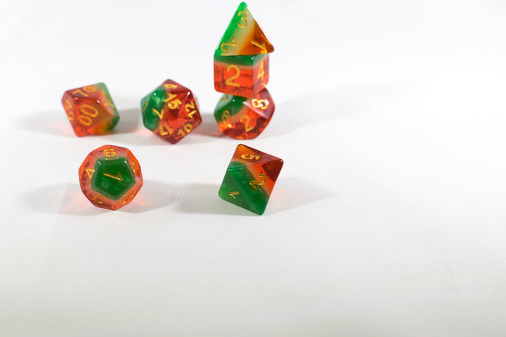 Watermelon Semi-Translucent Poly Dice Set (7) Red Green White Acrylic Gold