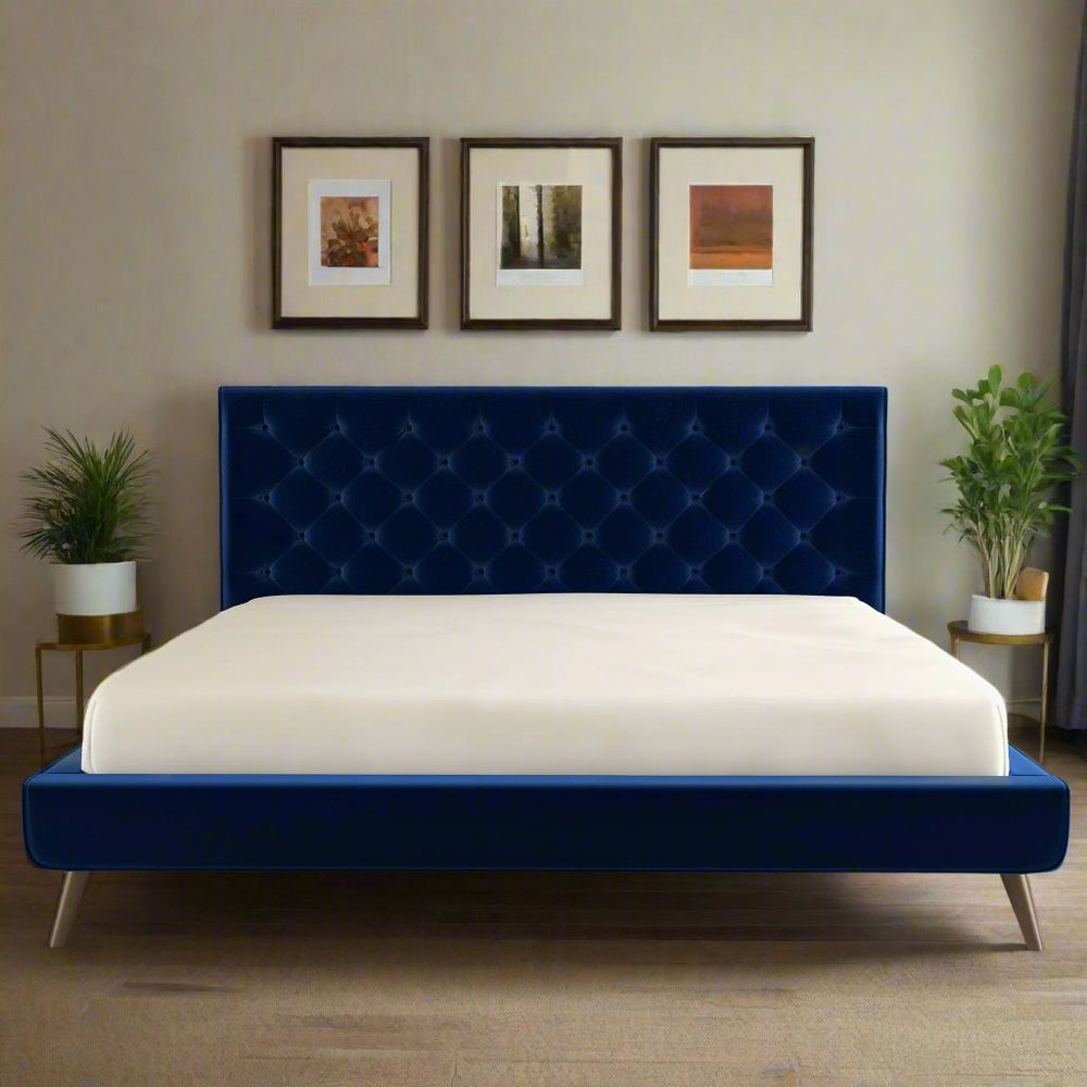 Dillon Blue Velvet Platform Bed (King Size) Front Photo.