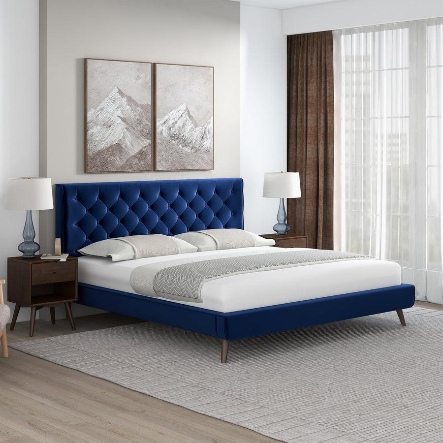 Dillon Blue Velvet Platform Bed (King Size) Right Angle