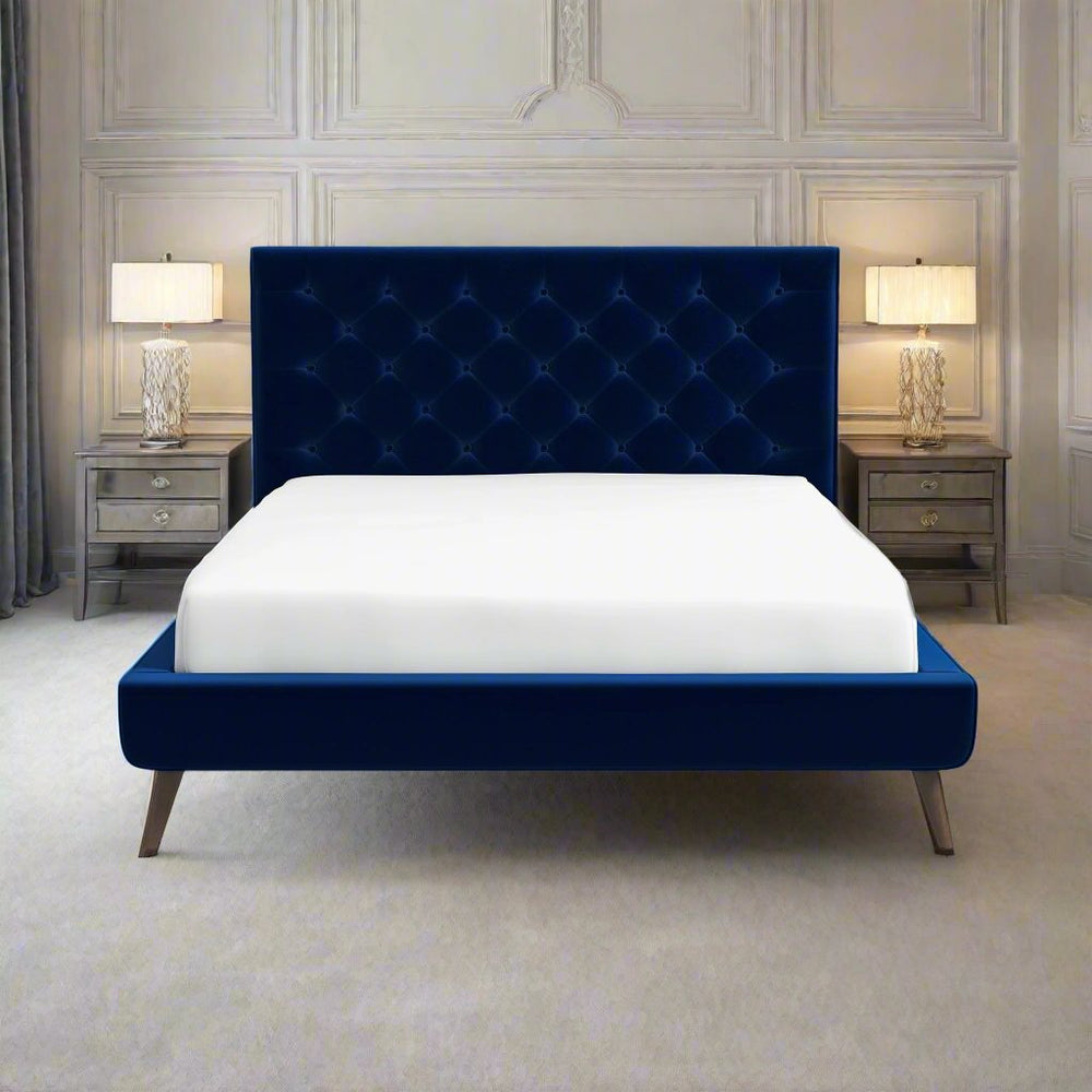 Dillon Blue Velvet Platform Bed (Queen Size) Front Closeup.