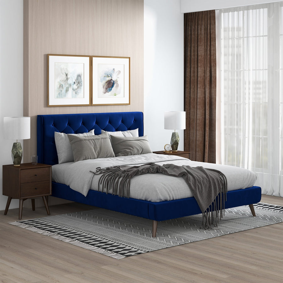 Dillon Blue Velvet Platform Bed (Queen Size) Right Angle in Room