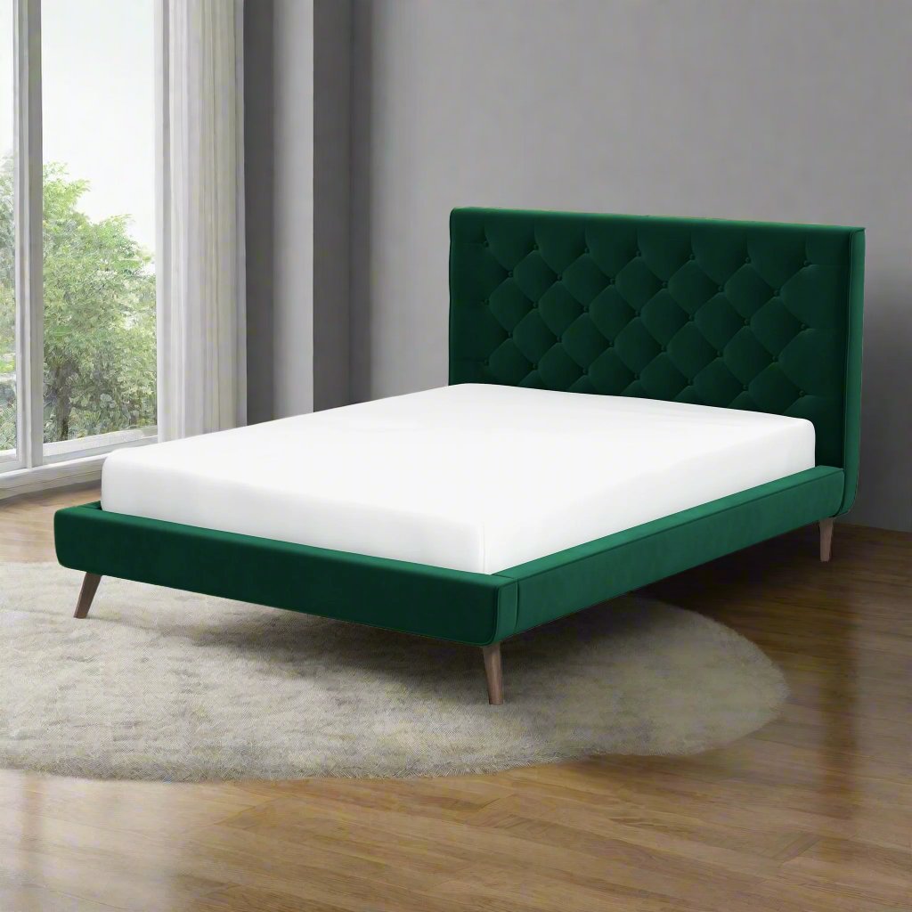 Dillon Dark Green Velvet Platform Bed (Queen Size) Left Angled Picture.