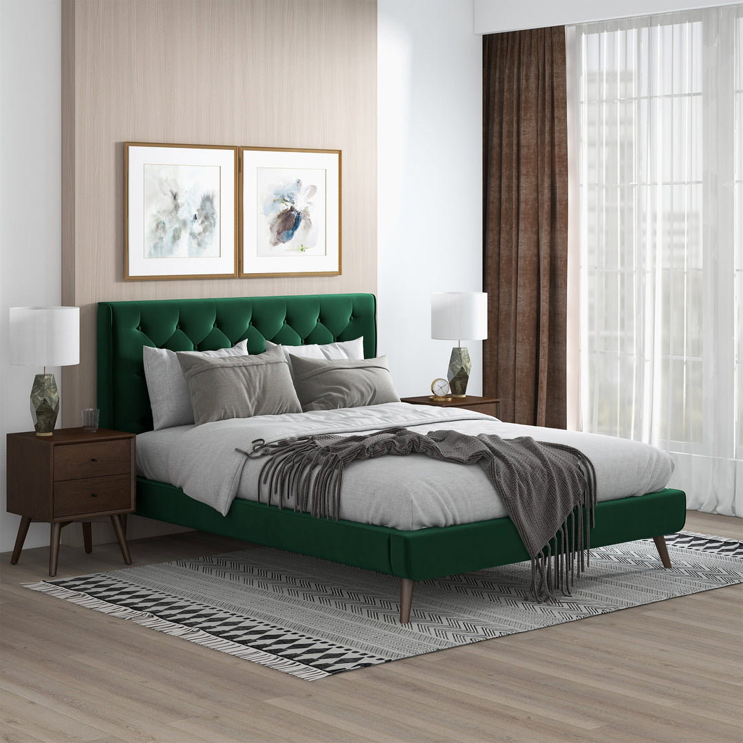 Dillon Dark Green Velvet Platform Bed (Queen Size) Right Angle.