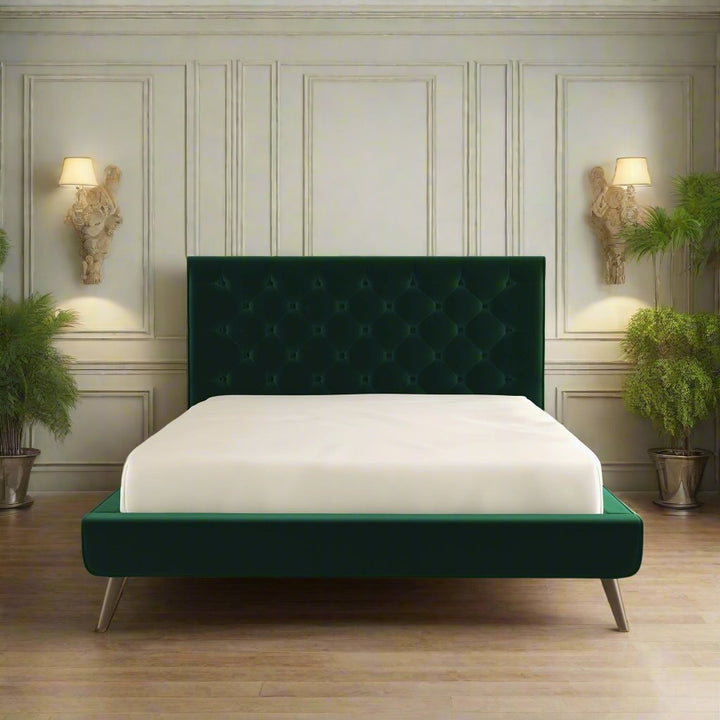 Dillon Dark Green Velvet Platform Bed (Queen Size) Front.