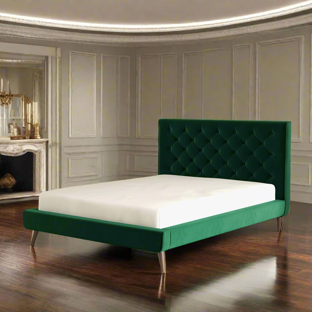 Dillon Dark Green Velvet Platform Bed (Queen Size) Left Angle.