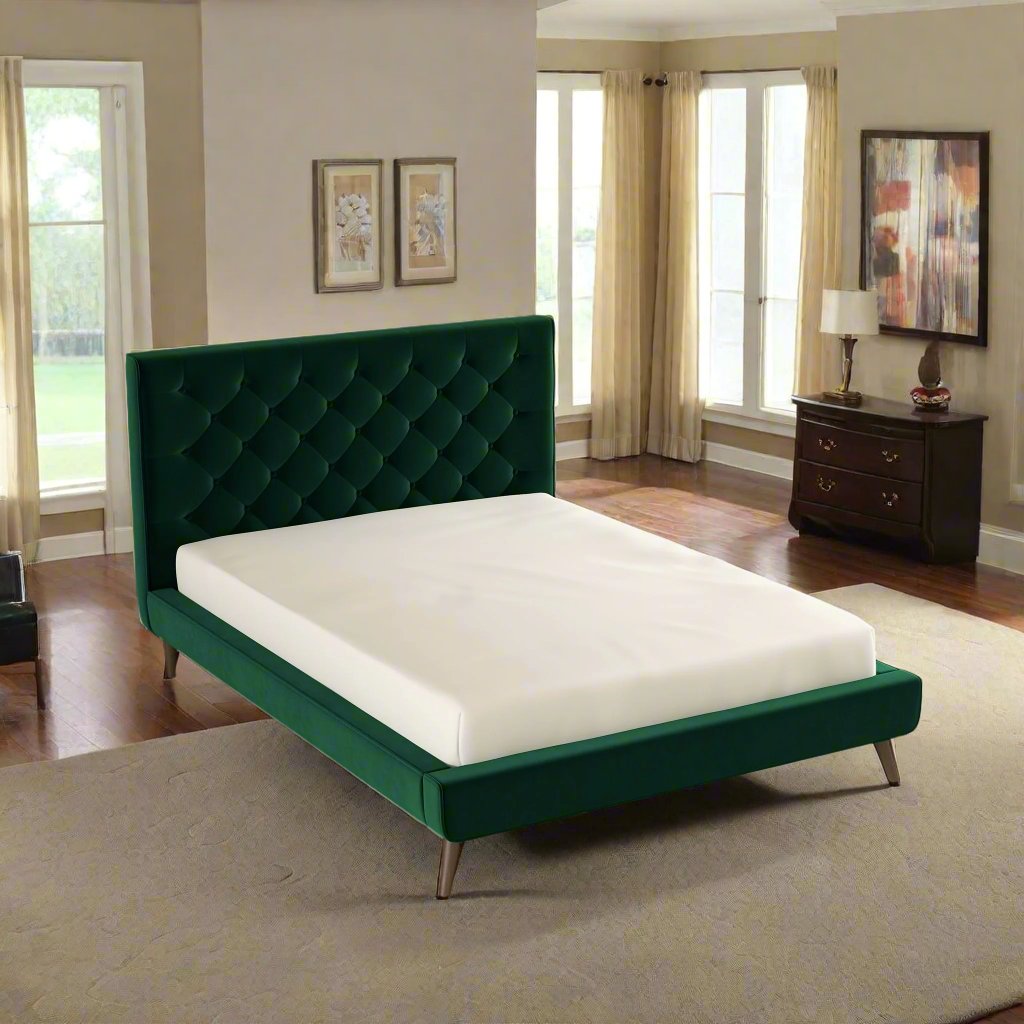 Dillon Dark Green Velvet Platform Bed (Queen Size) Right Angled Photo.