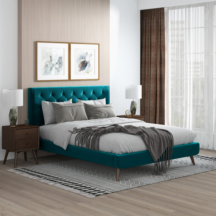 Dillon Teal Velvet Platform Bed (Queen Size) Right Angled with Furniture.