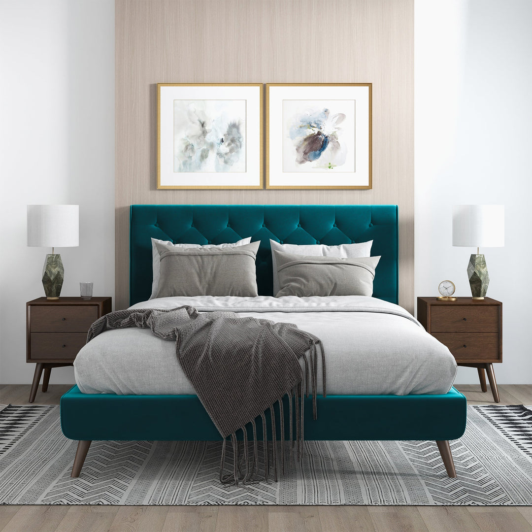 Dillon Teal Velvet Platform Bed (Queen Size) with Furniture.