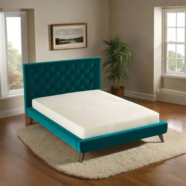 Dillon Teal Velvet Platform Bed (Queen Size) Right Angle.