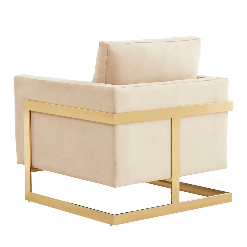 Beige armchair with gold frame on a white background.
