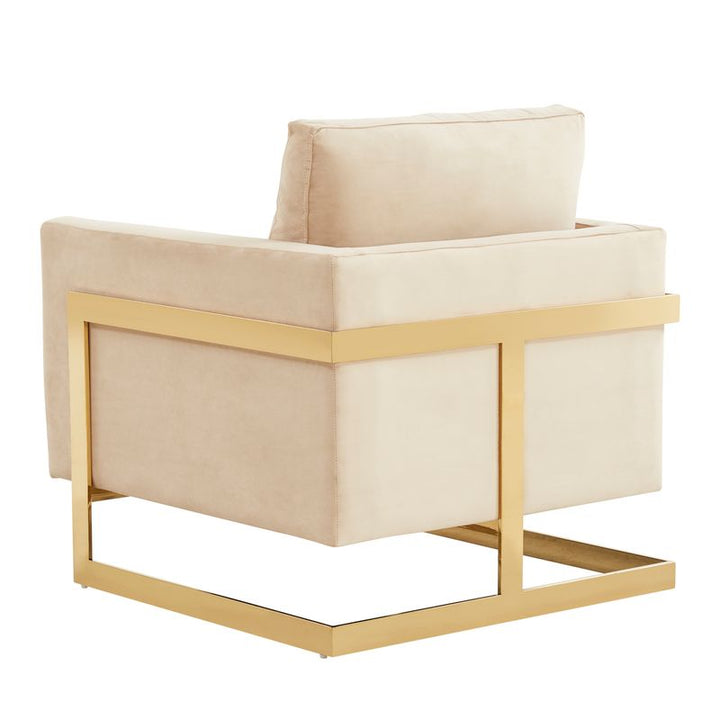 Beige armchair with gold frame on a white background.