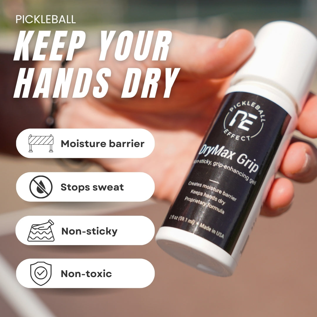 DryMax Grip pickleball product with text highlighting features like moisture barrier, sweat control, non-sticky, and non-toxic properties.