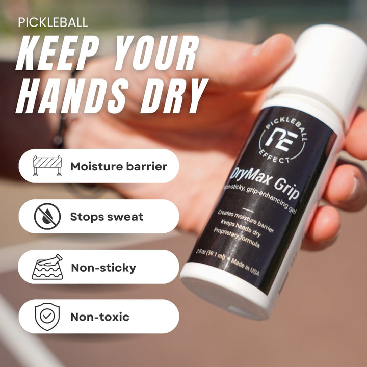 DryMax Grip pickleball product with text highlighting features like moisture barrier, sweat control, non-sticky, and non-toxic properties.