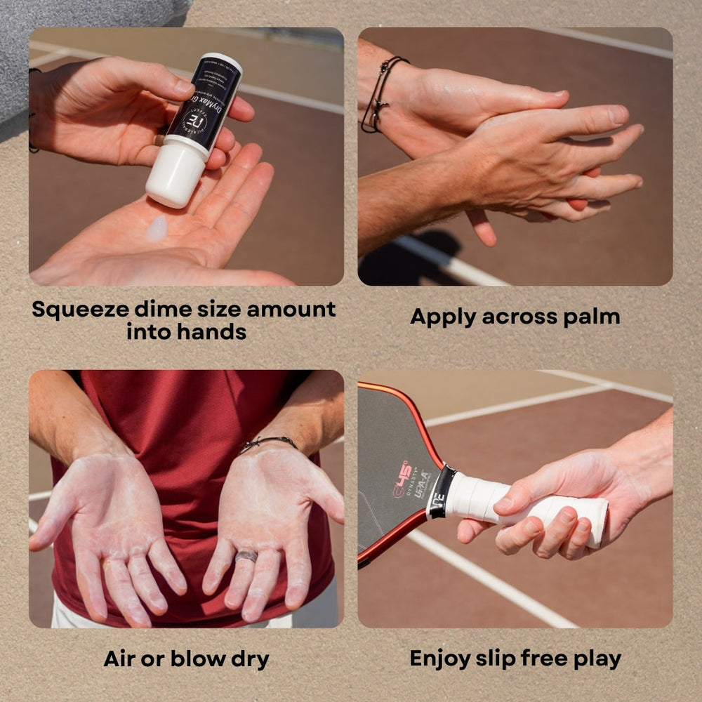 Step-by-step guide on applying a product to hands for slip-free play on a sports court.