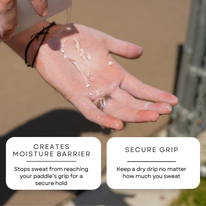 Hand applying a product with text about creating a moisture barrier and secure grip.