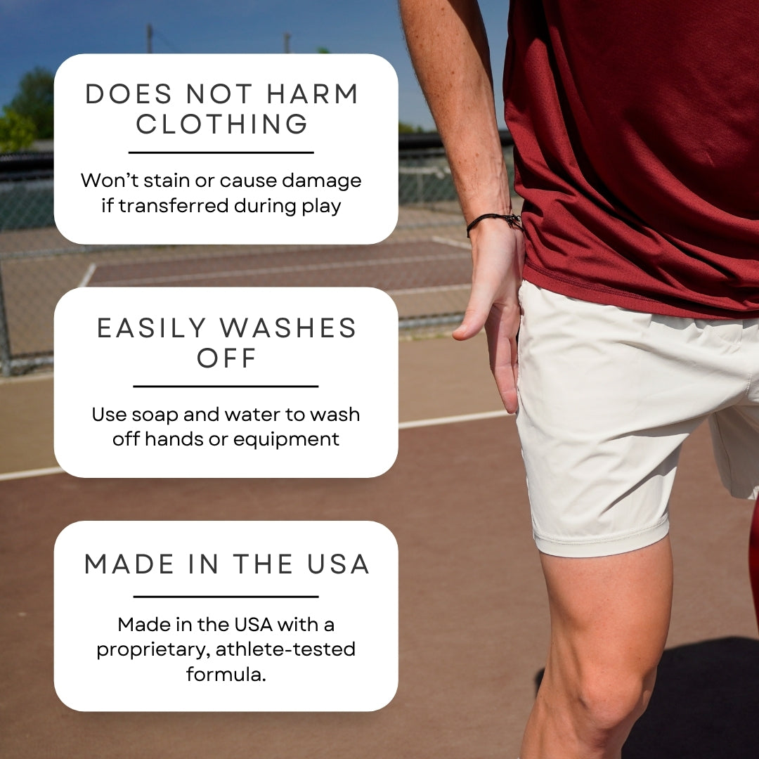 Person on a tennis court with text about product properties.