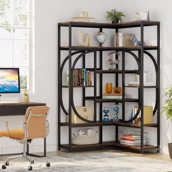 67-inch-Tall Modern Industrial Metal Wood Corner Bookcase