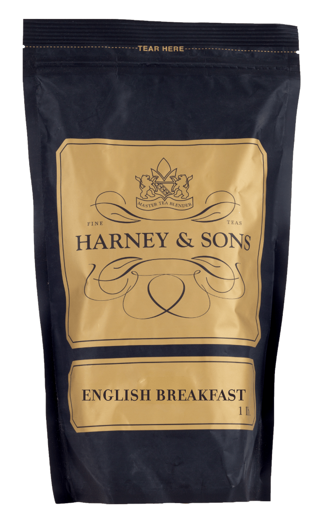 Harney and Sons English Breakfast tea package on a white background