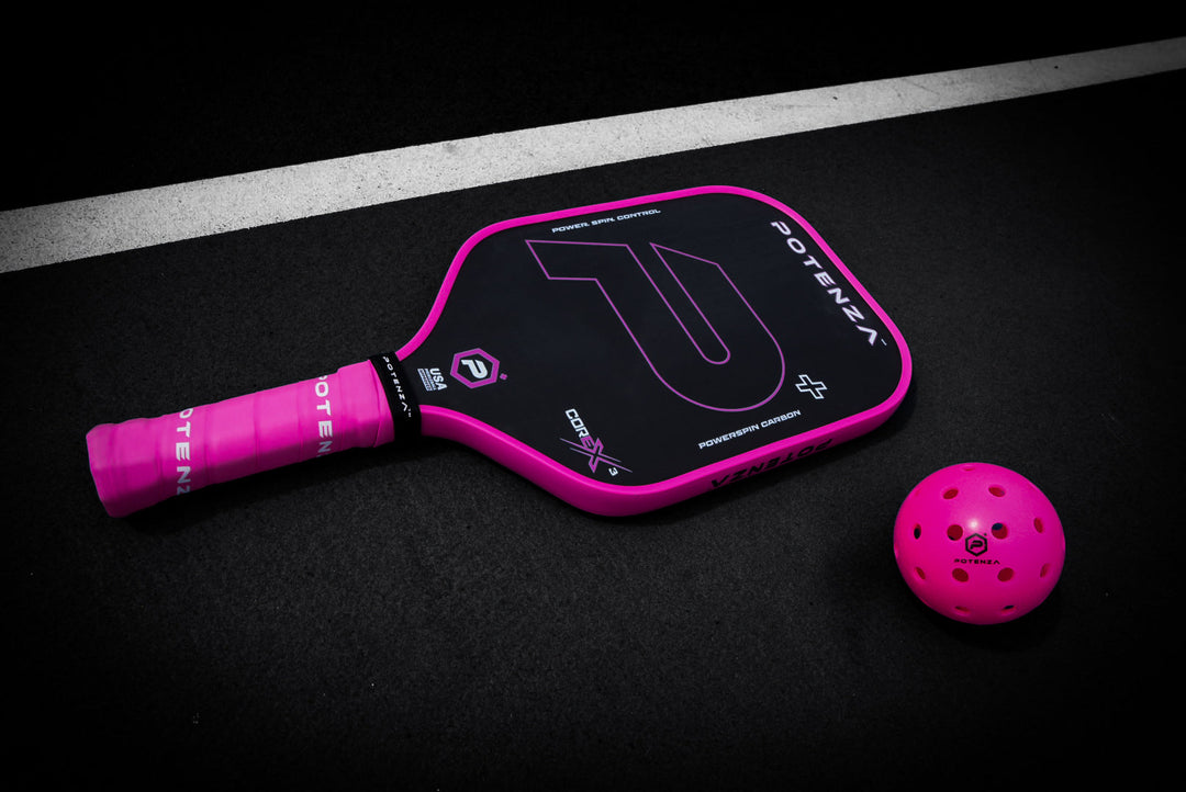 P+ PowerSpin Carbon COREx3 Pickleball Paddle (Neon Pink) with Ball
