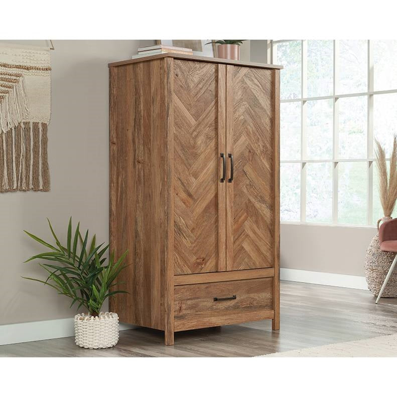 Farmhouse Rustic Herringbone 1 Drawer Garment Rod Wardrobe Armoire