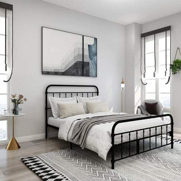 Full Size Farmhouse Black Metal Bed Frame with Rounded Headboard Footboard
